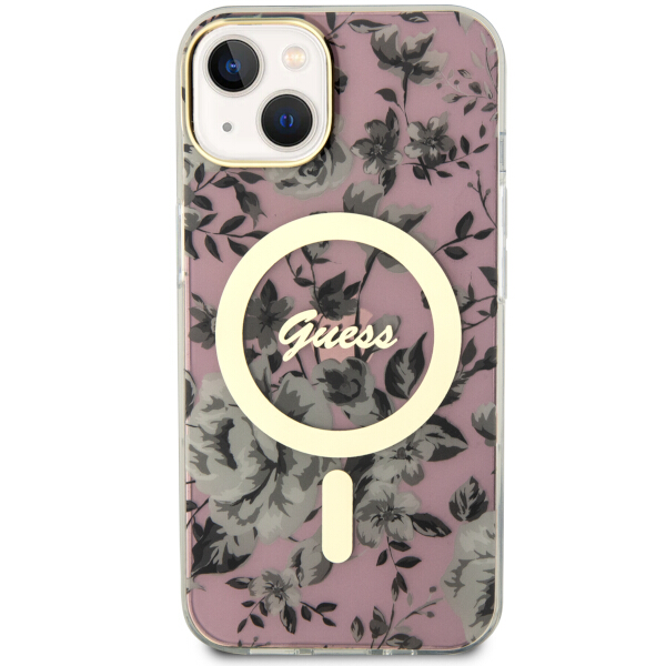 Carcasa Guess Flower cu MagSafe compatibila cu iPhone 14 Plus / 15 Plus, Roz 1 Lerato.ro