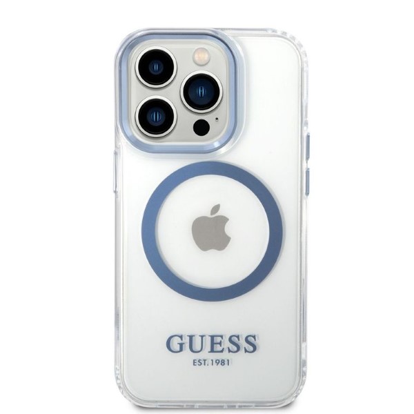 Carcasa Guess Blue Metal Outline cu MagSafe compatibila cu iPhone 14 Pro, Transparent 1 Lerato.ro