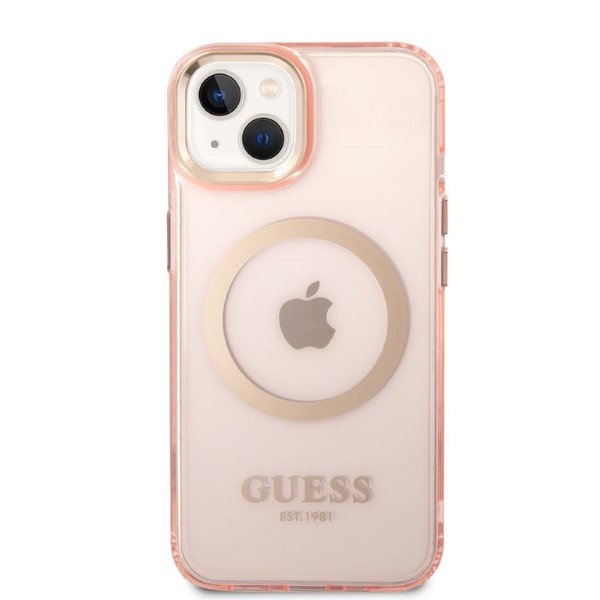 Carcasa Guess Gold Outline Translucent cu MagSafe compatibila cu iPhone 13 / 14 / 15, Pink 1 Lerato.ro