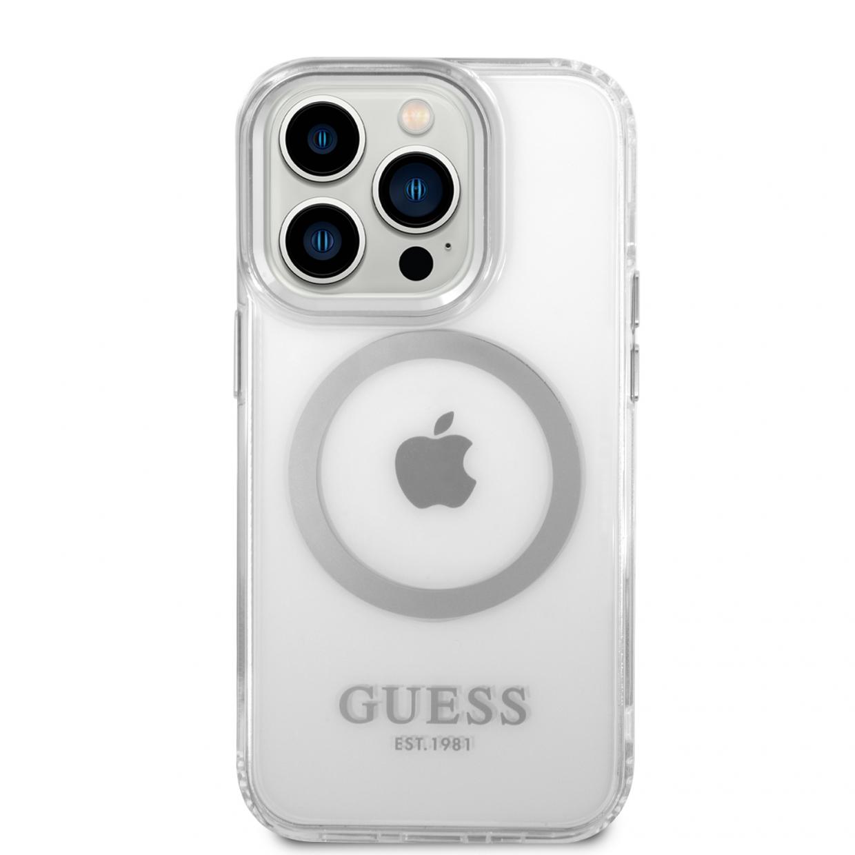 Carcasa Guess Silver Metal Outline cu MagSafe compatibila cu iPhone 14 Pro, Transparent 1 Lerato.ro