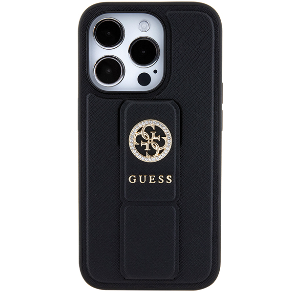 Carcasa Guess Grip Stand 4G Saffiano Strass compatibila cu iPhone 15 Pro, Negru 1 Lerato.ro