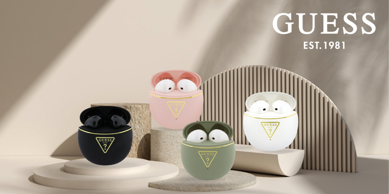 Casti wireless TWS Guess Gold Line Triangle, Bluetooth 6.0, 300 mAh, Autonomie 4h, IPX5, Alb 1 Lerato.ro
