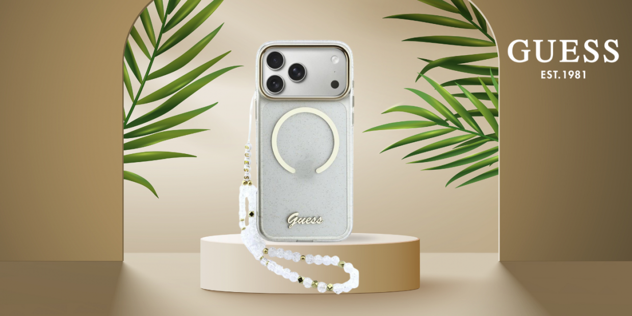 Carcasa Guess IML Glitters Script Strap cu MagSafe compatibila cu iPhone 17 Pro Max, Transparent 1 Lerato.ro