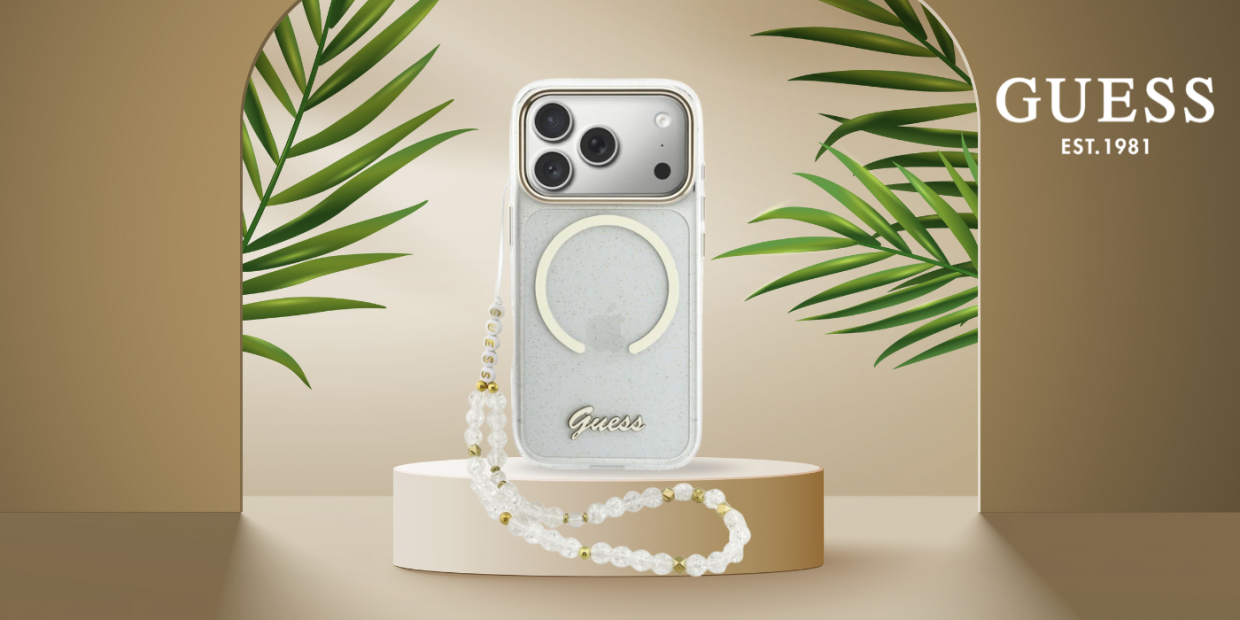 Carcasa Guess IML Glitters Script Strap cu MagSafe compatibila cu iPhone 17 Pro, Transparent 1 Lerato.ro