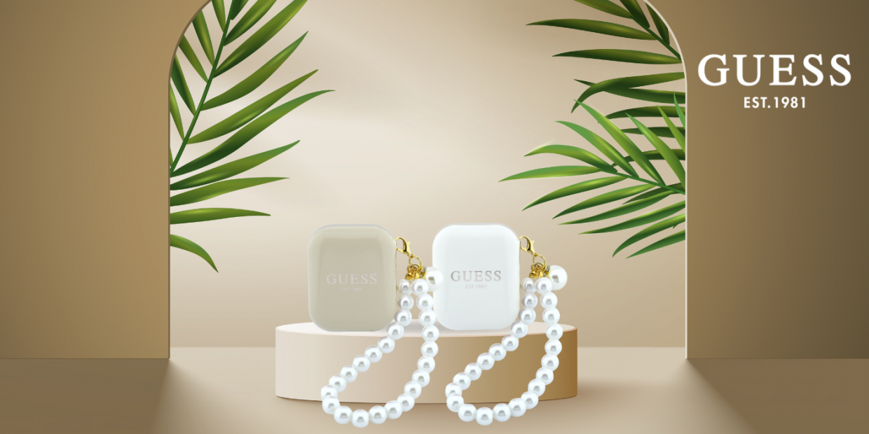 Casti wireless TWS Guess Pearl Strap, Bluetooth 5.4, 380 mAh, Autonomie 5h, USB-C, Bej 1 Lerato.ro