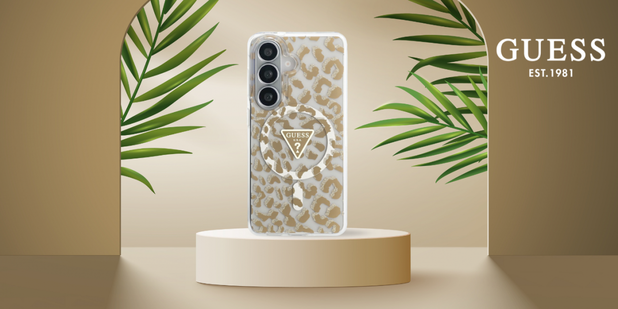 Husa Guess IML Leopard Print Triangle cu MagSafe compatibila cu Samsung Galaxy S26, Maro 1 Lerato.ro