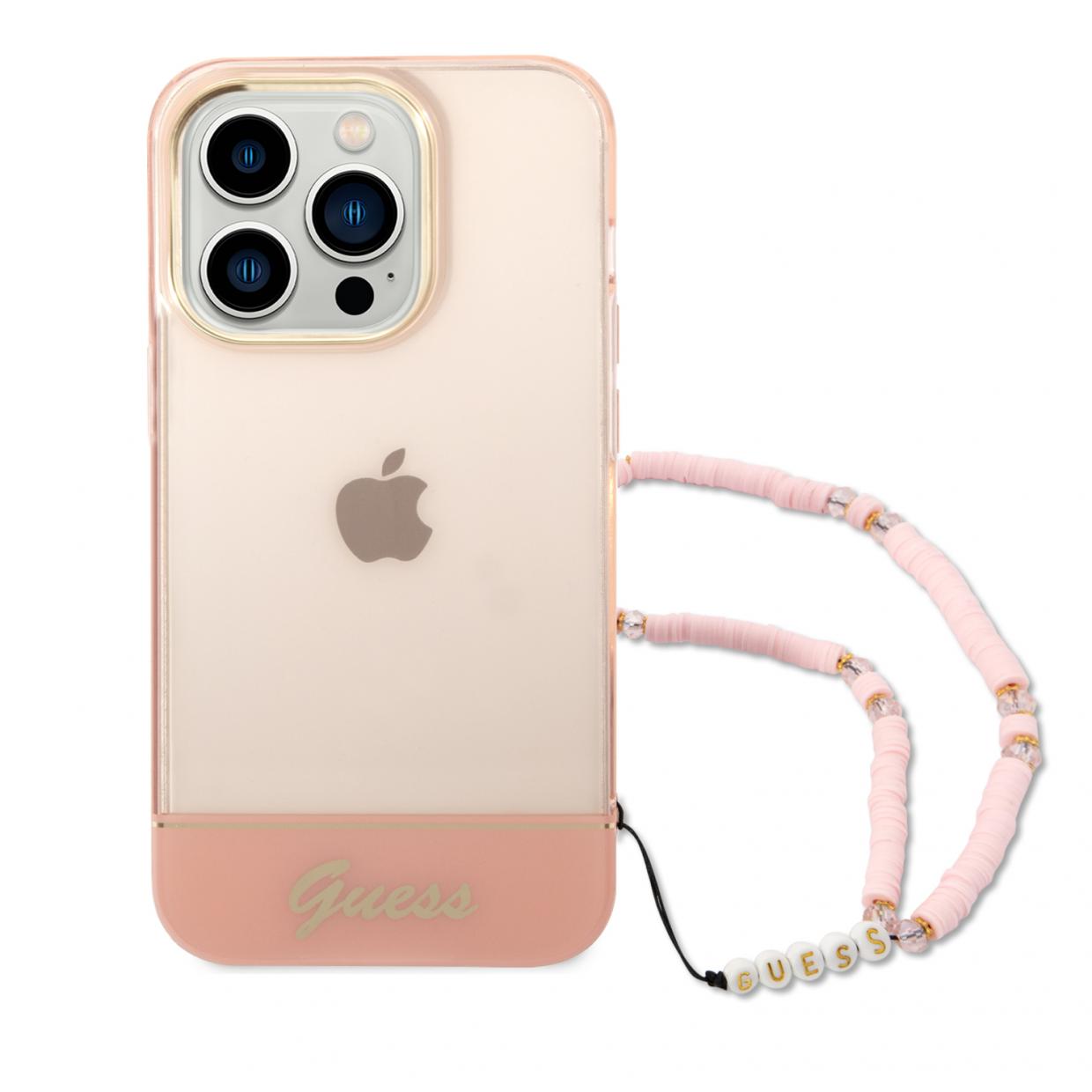 Carcasa Guess Translucent Pearl Strap compatibila cu iPhone 14 Pro Max, Roz 1 Lerato.ro