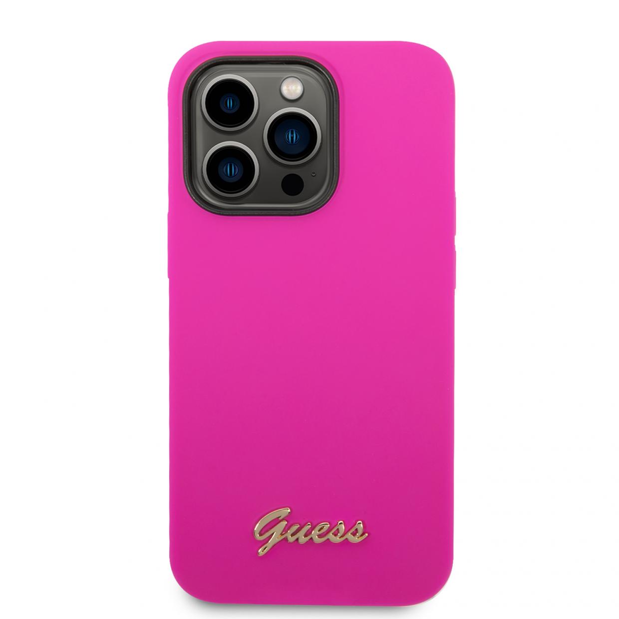 Carcasa Guess Silicone Vintage Gold Logo compatibila cu iPhone 14 Pro Max, Fucsia 1 Lerato.ro