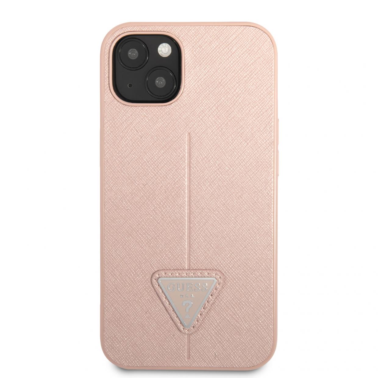 Carcasa Guess Saffiano Triangle Logo compatibila cu iPhone 14 Plus / 15 Plus, Roz 1 Lerato.ro