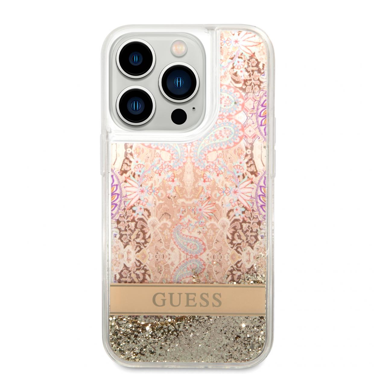 Husa Guess Paisley Liquid Glitter compatibila cu iPhone 14 Pro, Gold 1 Lerato.ro