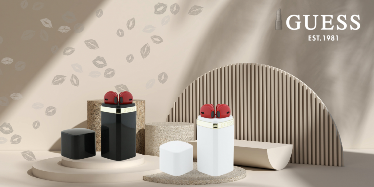 Casti wireless Guess Lipstick 2 TWS, Bluetooth 5.4, 300 mAh, Autonomie 4.5h, USB-C, Alb / Rosu 1 Lerato.ro