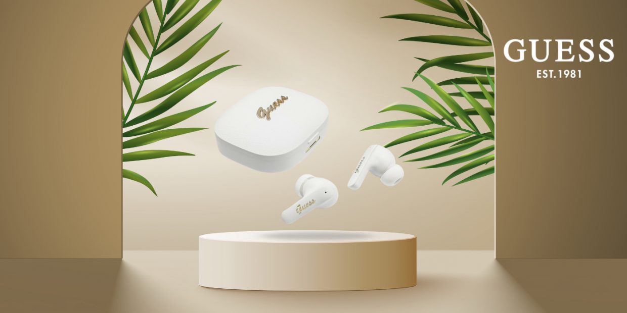 Casti wireless Guess Script Metal Logo TWS, Bluetooth, 400 mAh, Autonomie 6h, USB-C, Alb 1 Lerato.ro