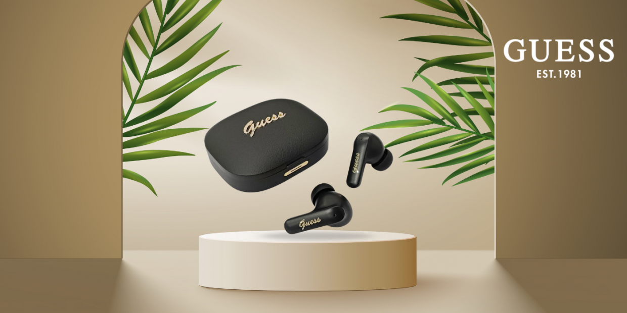 Casti wireless Guess Script Metal Logo TWS, Bluetooth, 400 mAh, Autonomie 6h, USB-C, Negru 1 Lerato.ro