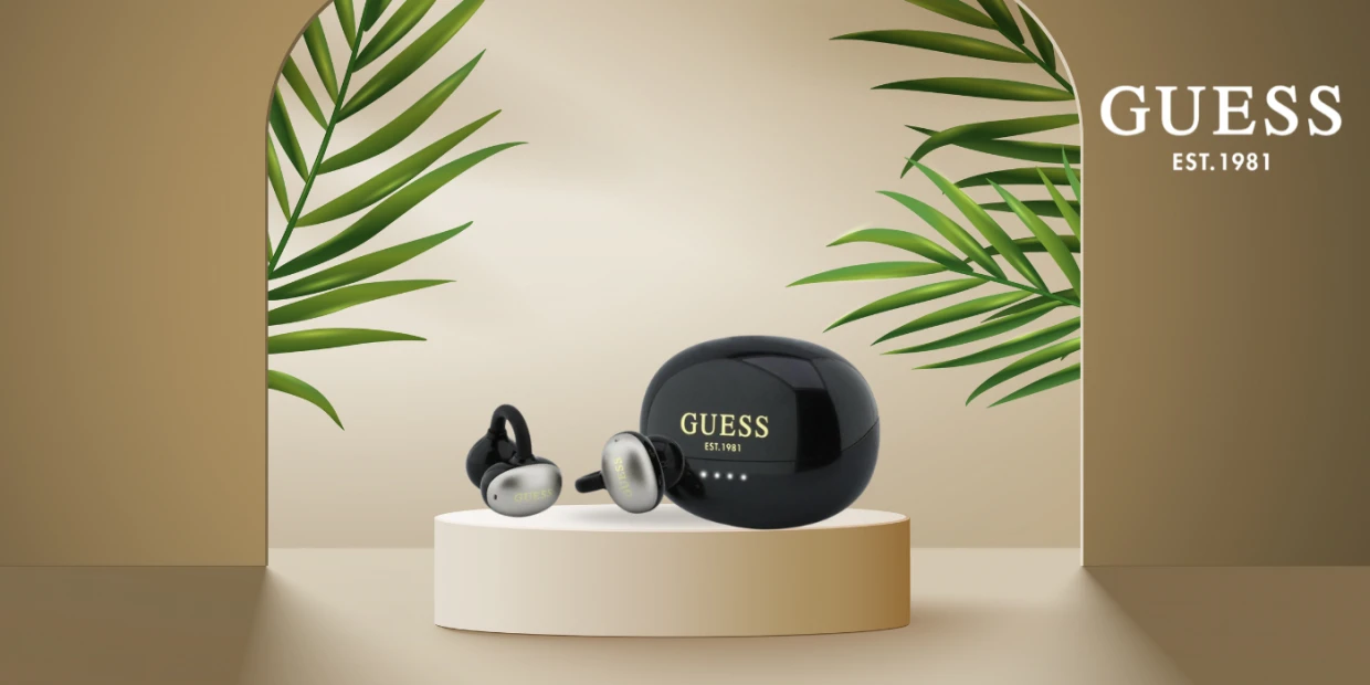Casti wireless Guess Metalic Finish Electropated Parts Classic Logo, OWS, Bluetooth 5.4, 300 mAh, USB-C, IPX4, Negru 1 Lerato.ro