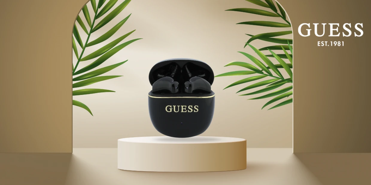 Casti wireless Guess Glossy Gold Line, TWS, Bluetooth 5.4, 200 mAh, USB-C, Negru 1 Lerato.ro