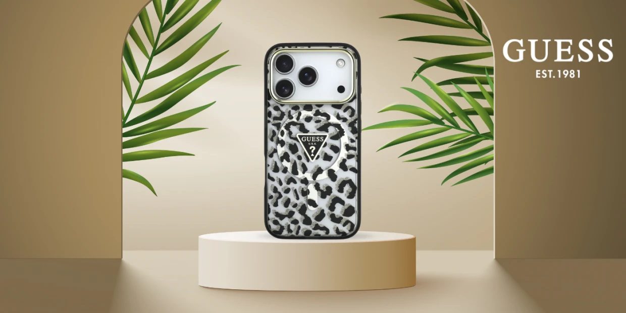 Husa Guess IML Leopard Glitter Triangle Logo cu MagSafe compatibila cu iPhone 18 Pro / 17 Pro, Negru 1 Lerato.ro