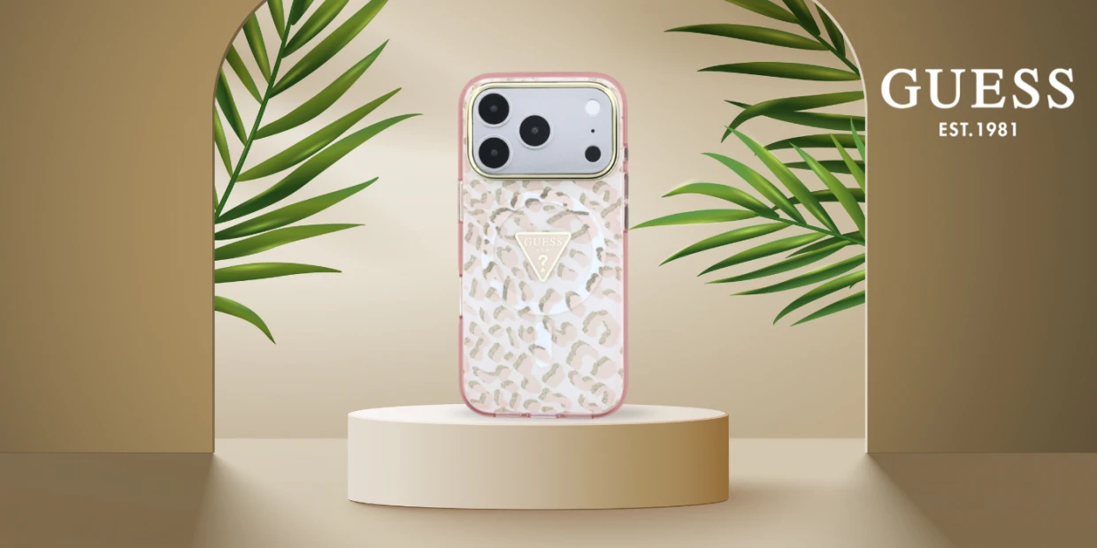 Husa Guess IML Leopard Glitter Triangle Logo cu MagSafe compatibila cu iPhone 18 Pro / 17 Pro, Roz 1 Lerato.ro