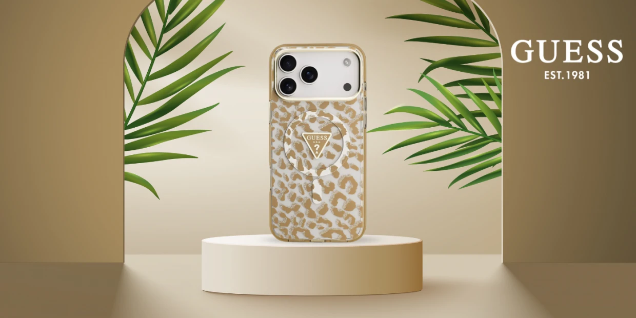 Husa Guess IML Leopard Glitter Triangle Logo cu MagSafe compatibila cu iPhone 18 Pro / 17 Pro, Maro 1 Lerato.ro