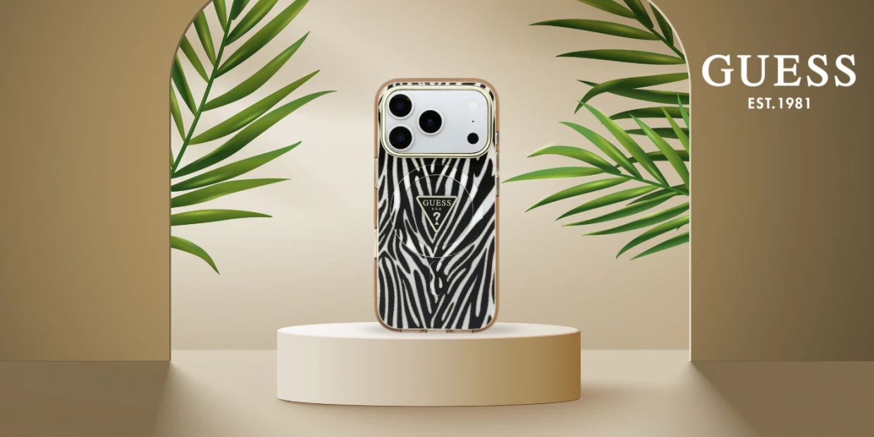 Husa Guess IML Zebra Glitter Triangle Logo cu MagSafe compatibila cu iPhone 18 Pro / 17 Pro, Gold 1 Lerato.ro