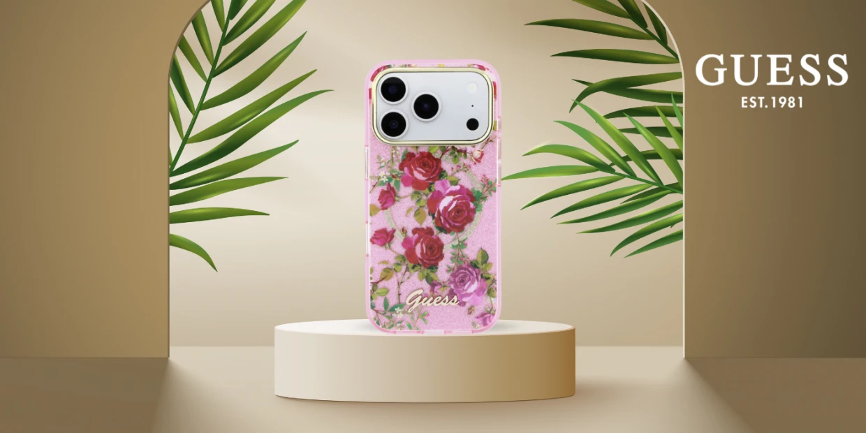 Husa Guess IML Glitter Blossom Roses compatibila cu iPhone 18 Pro / 17 Pro, Roz 1 Lerato.ro