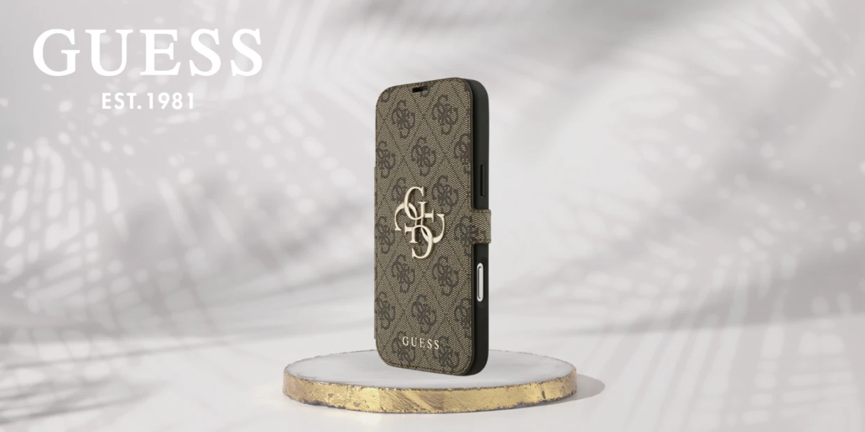 Husa flip cover Guess 4G Metal Logo Book compatibila cu iPhone 18 Pro Max / 17 Pro Max, Maro 1 Lerato.ro