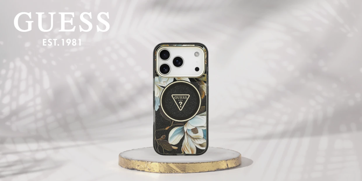 Husa Guess IML Glitter Flowers Triangle cu MagSafe compatibila cu iPhone 18 Pro / 17 Pro, Negru 1 Lerato.ro