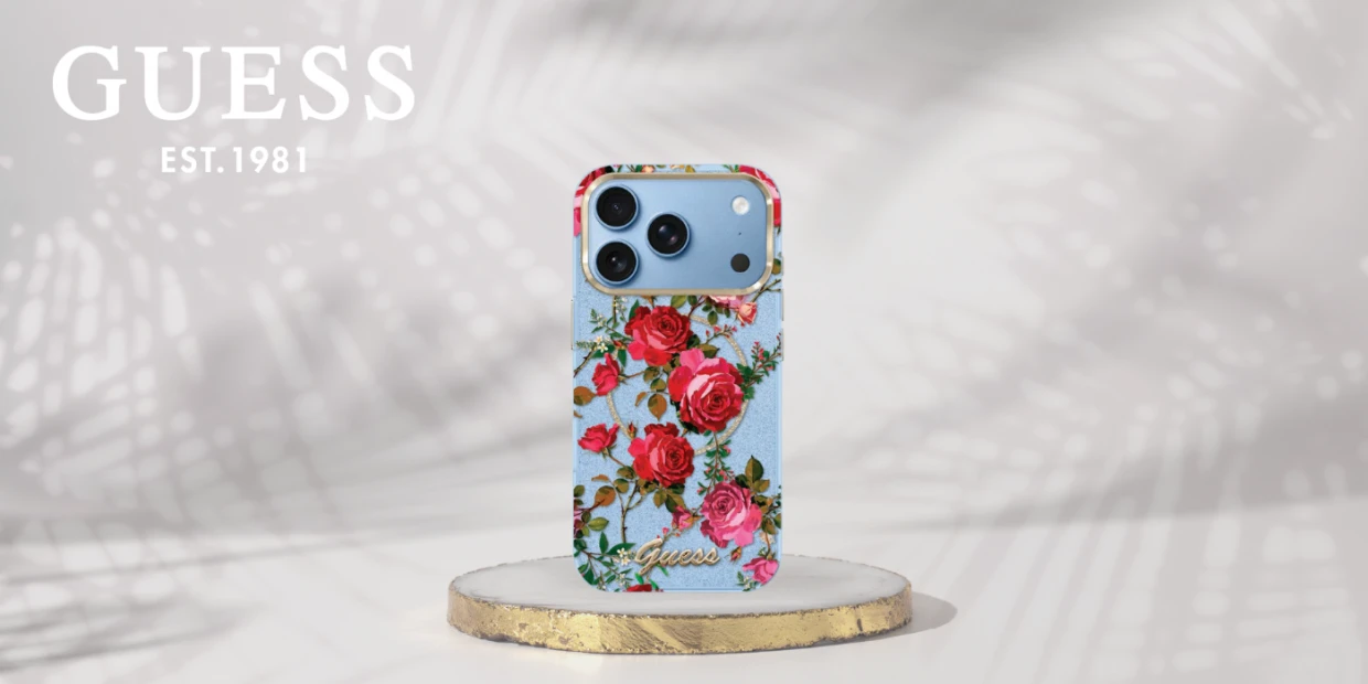 Husa Guess IML Glitter Blossom Roses cu MagSafe compatibila cu iPhone 17 Pro Max / 18 Pro Max, Albastru 1 Lerato.ro