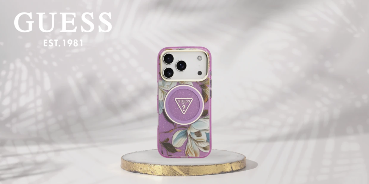 Husa Guess IML Glitter Flowers Triangle cu MagSafe compatibila cu iPhone 18 Pro / 17 Pro, Violet 1 Lerato.ro