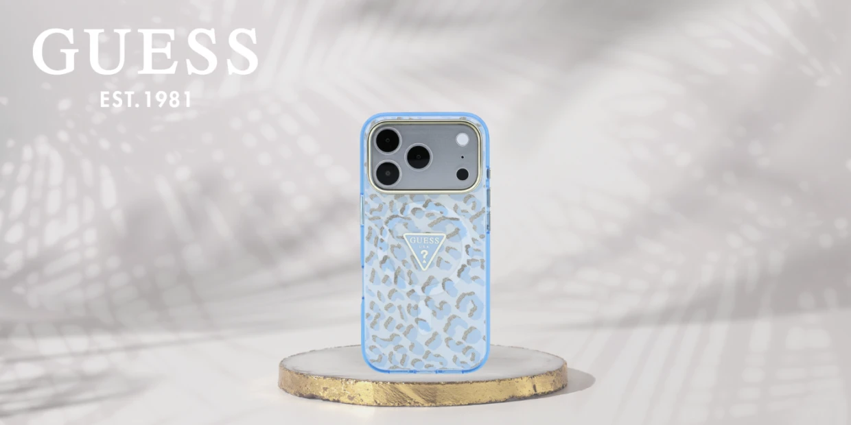 Husa Guess IML Leopard Glitter Triangle Logo cu MagSafe compatibila cu iPhone 18 Pro / 17 Pro, Albastru 1 Lerato.ro