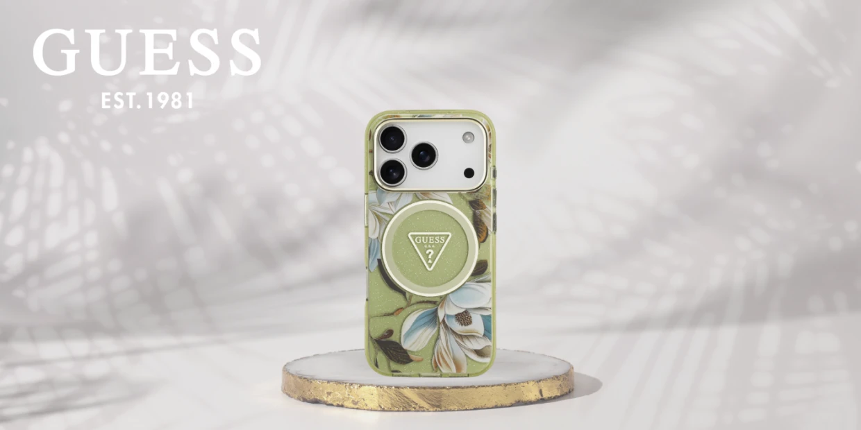 Husa Guess IML Glitter Flowers Triangle cu MagSafe compatibila cu iPhone 18 Pro / 17 Pro, Verde 1 Lerato.ro