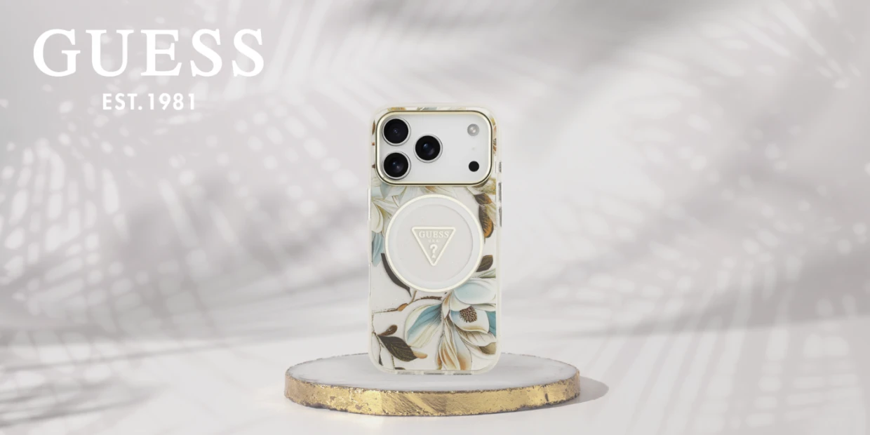 Husa Guess IML Glitter Flowers Triangle cu MagSafe compatibila cu iPhone 18 Pro / 17 Pro, Alb 1 Lerato.ro
