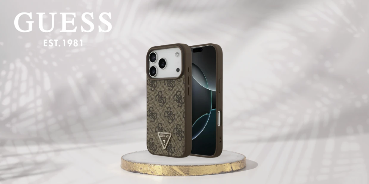 Husa Guess Leather 4G Triangle Strass cu MagSafe compatibila cu iPhone 18 Pro / 17 Pro, Maro 1 Lerato.ro