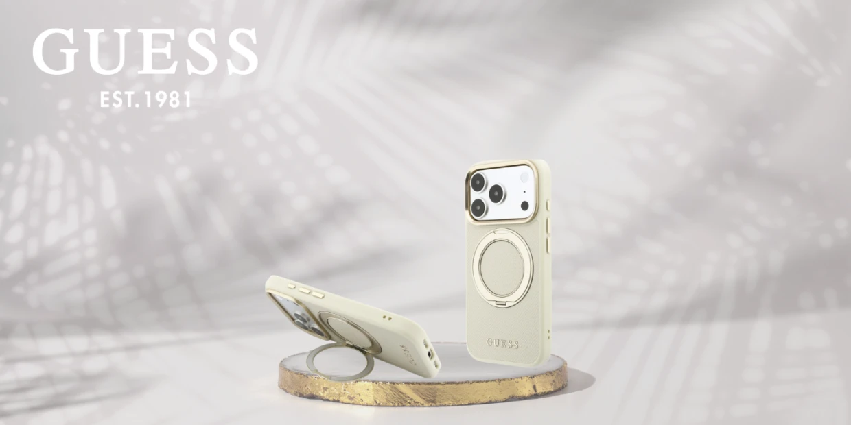 Husa Guess Ring Stand 360 Grained Classic Logo cu MagSafe compatibila cu iPhone 18 Pro Max / 17 Pro Max, Bej 1 Lerato.ro