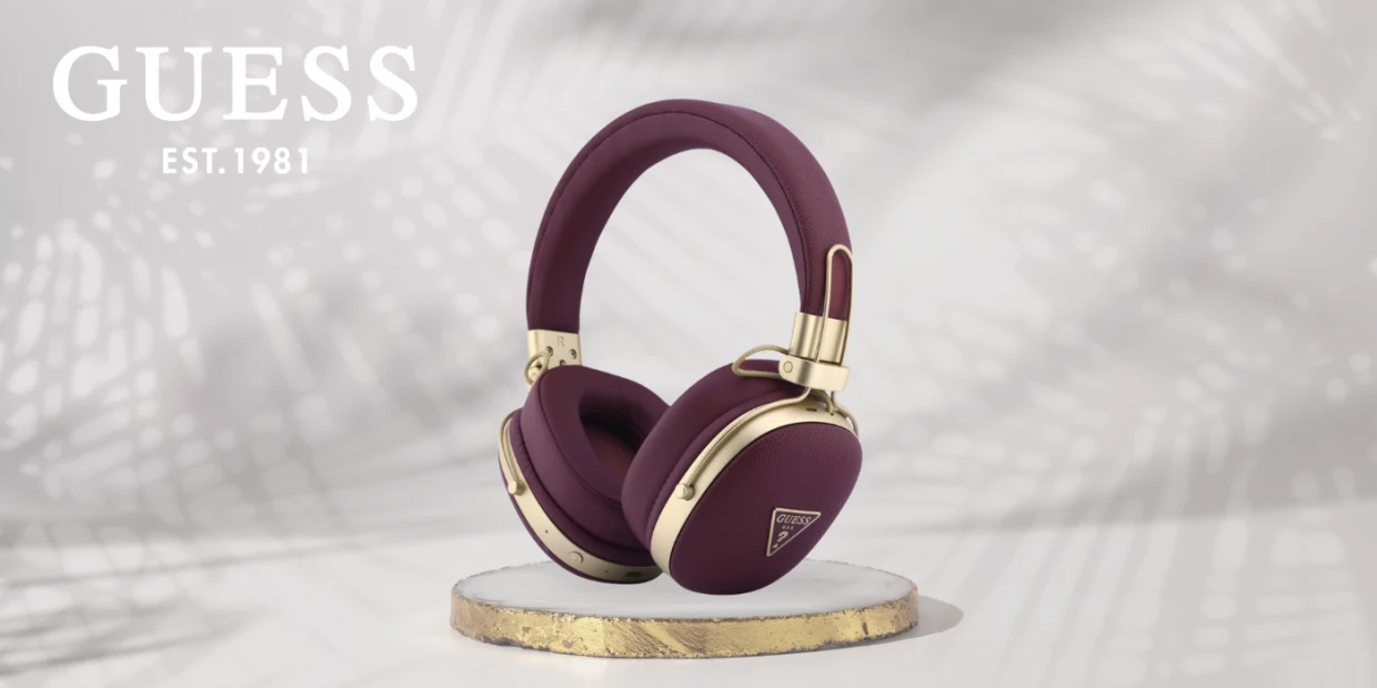 Casti wireless Guess Grained Triangle Gold Logo, over the ear, Bluetooth 5.4, ENC, timp incarcare 2h, autonomie totala 26h, 200mAh, USB-C, Burgundy 1 Lerato.ro