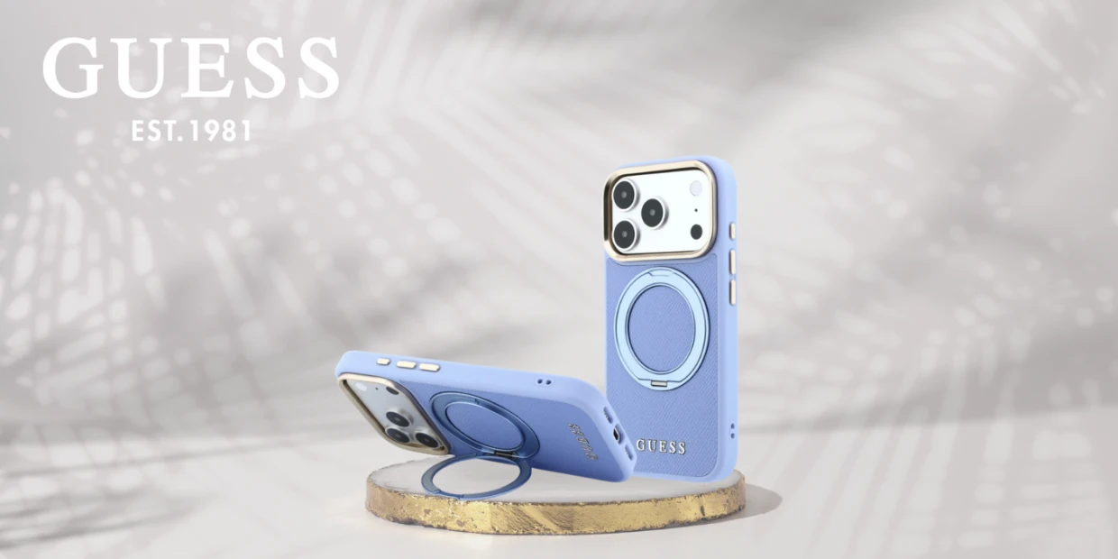 Husa Guess Ring Stand 360 Grained Classic Logo cu MagSafe compatibila cu iPhone 18 Pro / 17 Pro, Light Blue 1 Lerato.ro