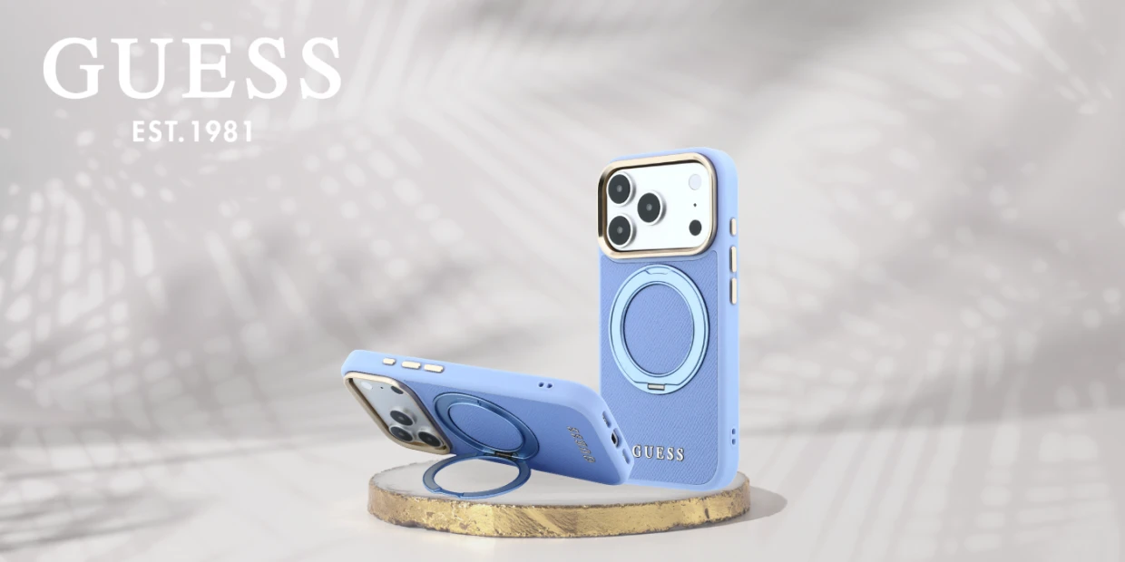 Husa Guess Ring Stand 360 Grained Classic Logo cu MagSafe compatibila cu iPhone 18 Pro Max / 17 Pro Max, Light Blue 1 Lerato.ro