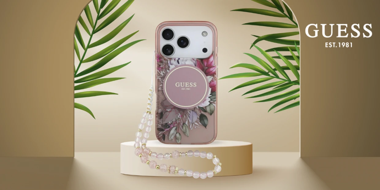 Husa Guess IML Flowers Pearl Strap cu MagSafe compatibila cu iPhone 18 Pro / 17 Pro, Roz 1 Lerato.ro