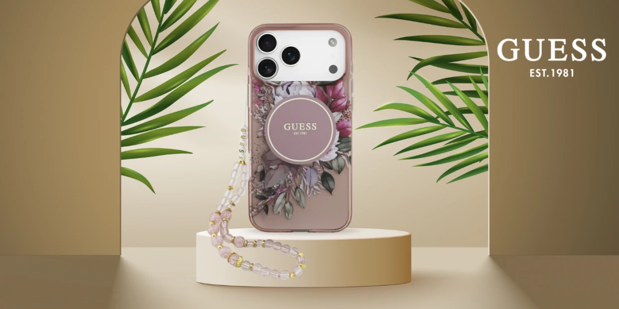 Husa Guess IML Flowers Pearl Strap cu MagSafe compatibila cu iPhone 18 Pro Max / 17 Pro Max, Roz 1 Lerato.ro