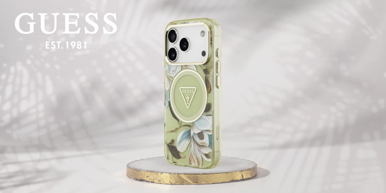 Husa Guess IML Glitter Flowers Triangle cu MagSafe compatibila cu iPhone 18 Pro Max / 17 Pro Max, Verde 1 Lerato.ro