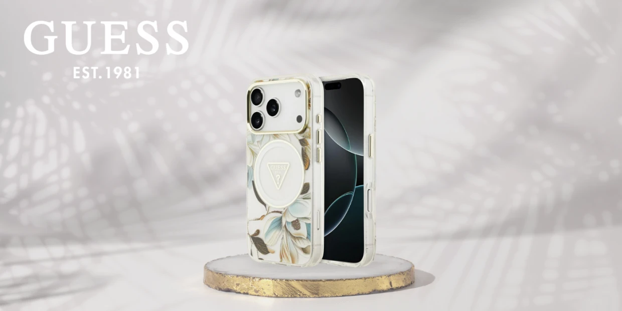 Husa Guess IML Glitter Flowers Triangle cu MagSafe compatibila cu iPhone 18 Pro Max / 17 Pro Max, Alb 1 Lerato.ro