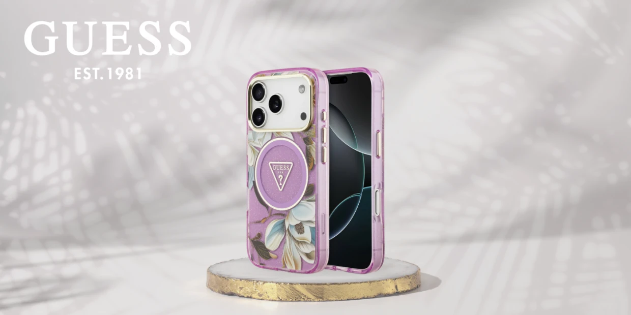 Husa Guess IML Glitter Flowers Triangle cu MagSafe compatibila cu iPhone 18 Pro Max / 17 Pro Max, Violet 1 Lerato.ro