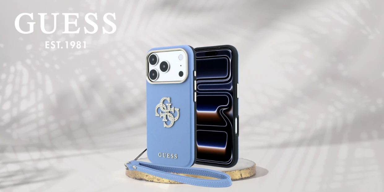 Husa Guess Smooth Big Strass Logo and Strap compatibila cu iPhone 18 Pro / 17 Pro, Albastru 1 Lerato.ro
