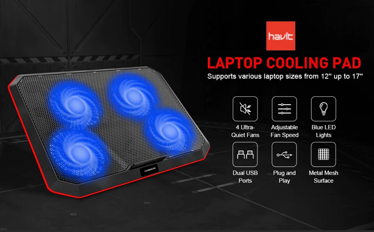 Cooler laptop Havit HV-F2069, compatibil pana la 17", numar ventilatoare: 4, 1.200 rpm, USB, iluminare LED albastru, portabil, negru 1 Lerato.ro