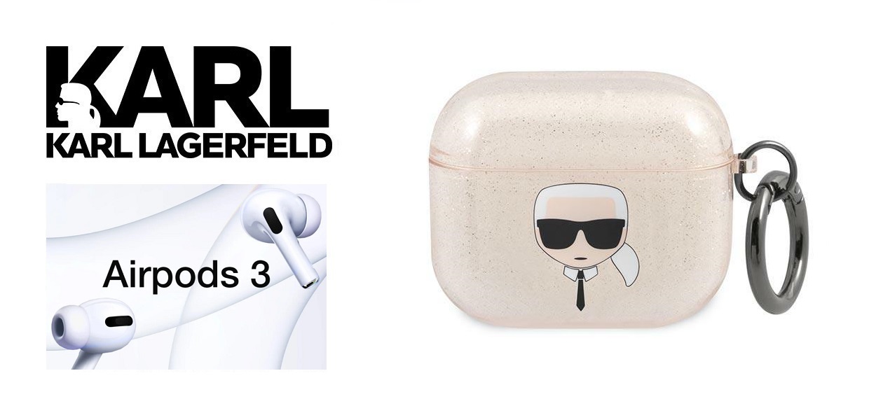 Carcasa Karl Lagerfeld KLA3UKHGD Glitter Karl`s Head compatibila cu Apple AirPods 3 Gold 1 Lerato.ro