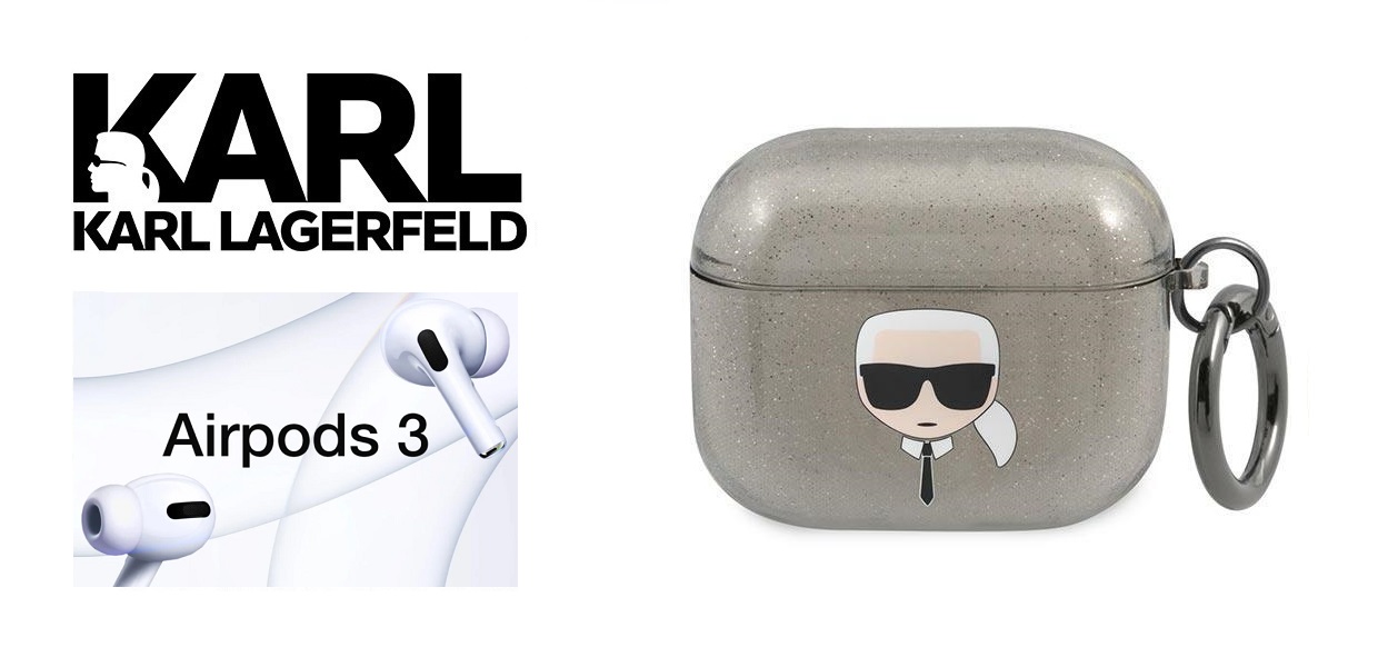 Carcasa Karl Lagerfeld KLA3UKHGK Glitter Karl`s Head compatibila cu Apple AirPods 3 Negru 1 Lerato.ro