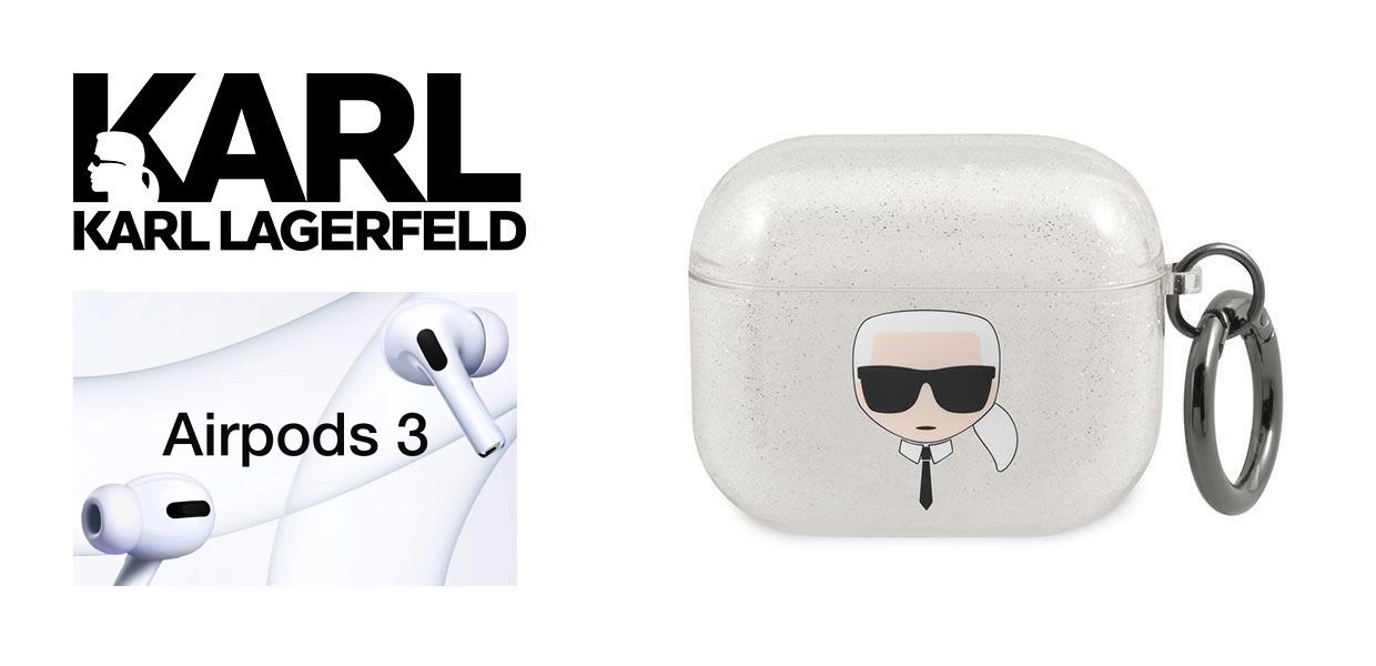 Carcasa Karl Lagerfeld KLA3UKHGS Glitter Karl`s Head compatibila cu Apple AirPods 3 Silver 1 Lerato.ro