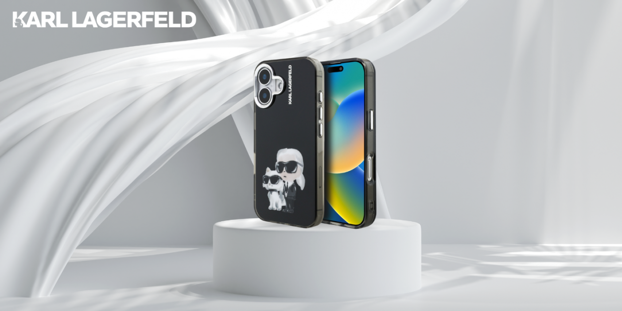 Carcasa Karl Lagerfeld IML Aquarelle Karl and Choupette Logo compatibila cu iPhone 16, Negru 1 Lerato.ro