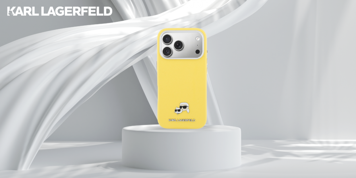 Husa Karl Lagerfeld Karl and Choupette Head Pins Saffiano cu MagSafe compatibila cu iPhone 17 Pro Max, Galben 1 Lerato.ro