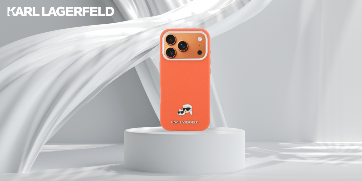 Husa Karl Lagerfeld Karl and Choupette Head Pins Saffiano cu MagSafe compatibila cu iPhone 17 Pro, Portocaliu 1 Lerato.ro