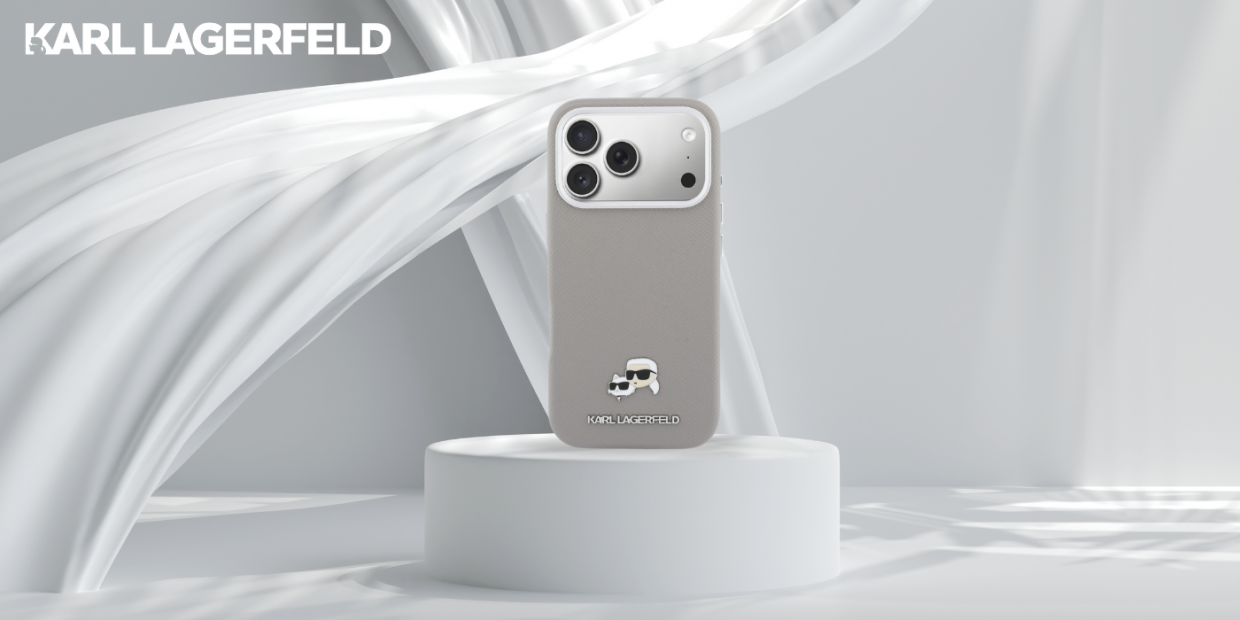 Husa Karl Lagerfeld Karl and Choupette Head Pins Saffiano cu MagSafe compatibila cu iPhone 17 Pro, Gri 1 Lerato.ro